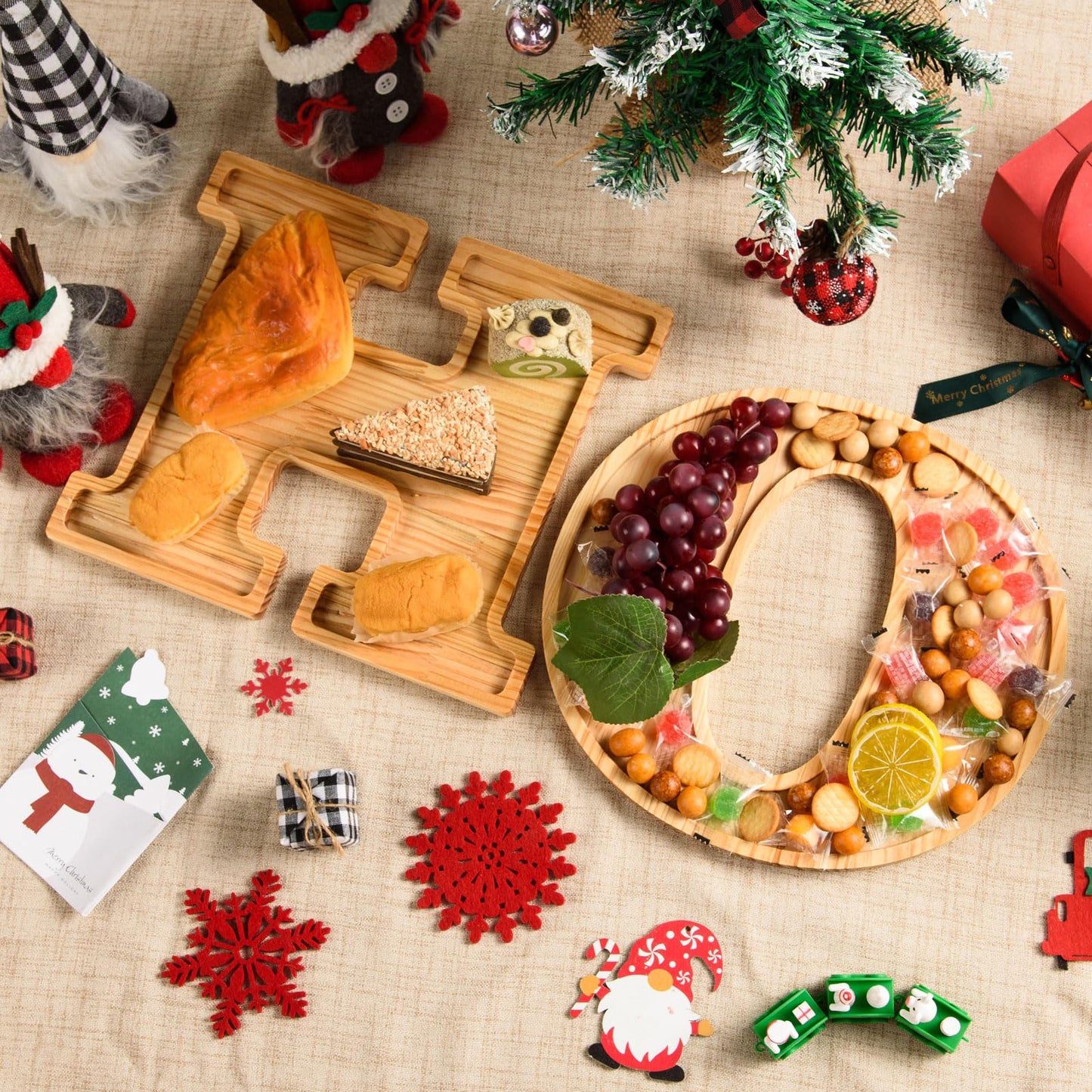 AWIZOM 2 Pcs Christmas Charcuterie Boards HO Wooden Serving Platters Christmas Pine Wood Trays Wooden Snack Cookie Dish Plates for Home Kitchen Xmas Holiday Housewarming Dinnerware Presents