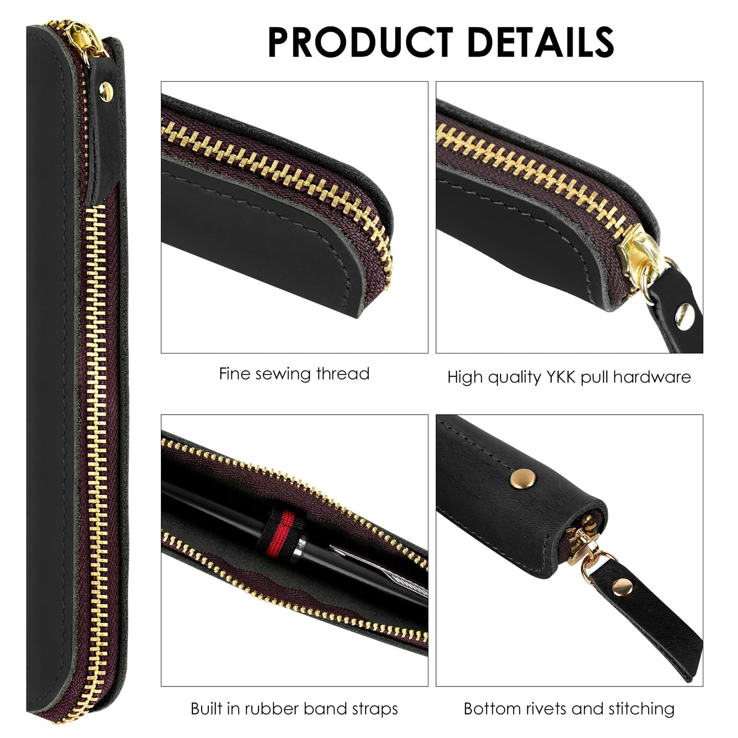JANKINGS Crazy Horse Leather Zipper Pen Pouch Handmade, Single Pen Case Fountain Pen Sleeve Holder Pouch Cover Vintage, Mini Pencil Bag (Black)