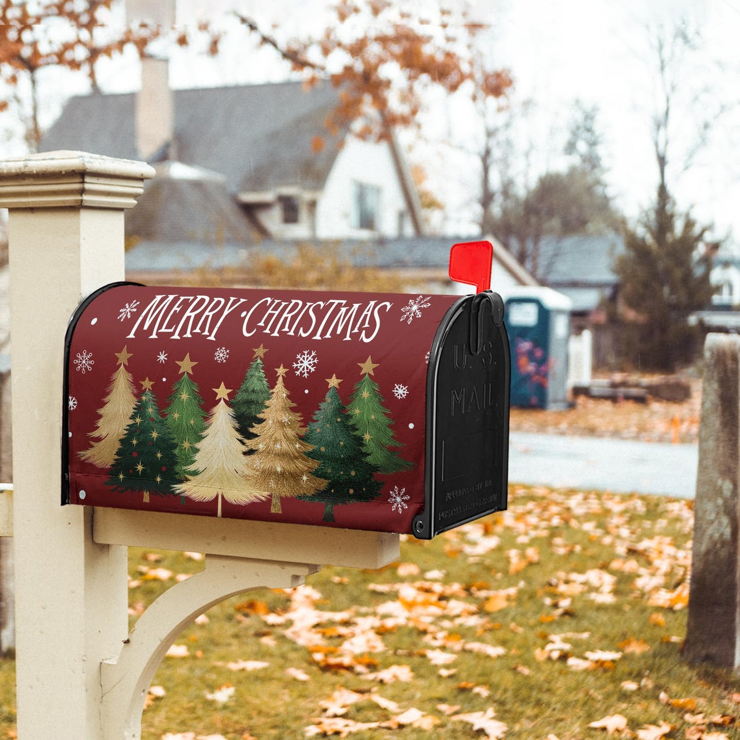Sweetshow Xmas Tree Red Mailbox Covers Magnetic Standard Size 18" X 21",Winter Snowflake Mailbox Wraps Post Letter Box Cover for Holiday Garden Yard Decor