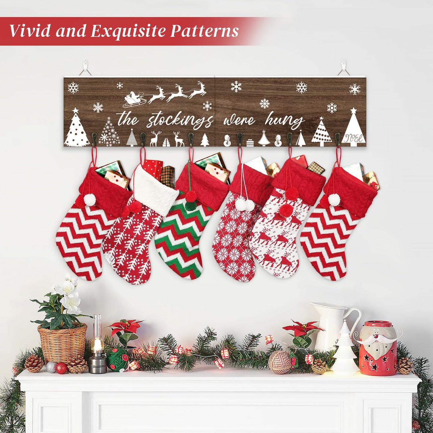 LIKAJON Wooden Christmas Stocking Holder for Wall, 24.8 Inches Xmas Stocking Hangers for Wall, The Stocking were Hung Wood Hanging Sign with 6 Hangers for Christmas Fireplace Mantel Decorations