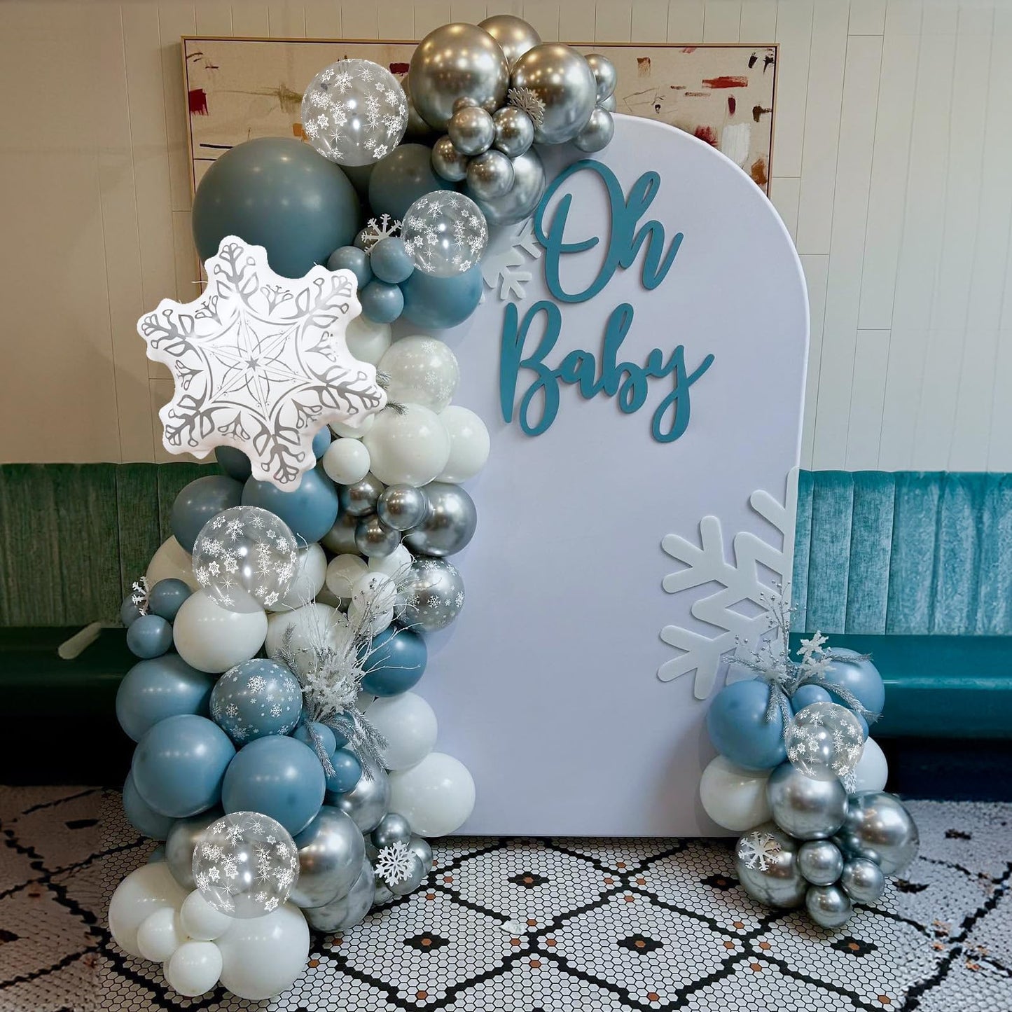 Winter Wonderland Balloons Garland Arch Kit, 101Pcs Dusty Blue White Balloons with Snowflake Foil Balloon for Christmas Xmas Holiday Ice Snow Girl Princess Theme Baby Shower Birthday Party Decorations