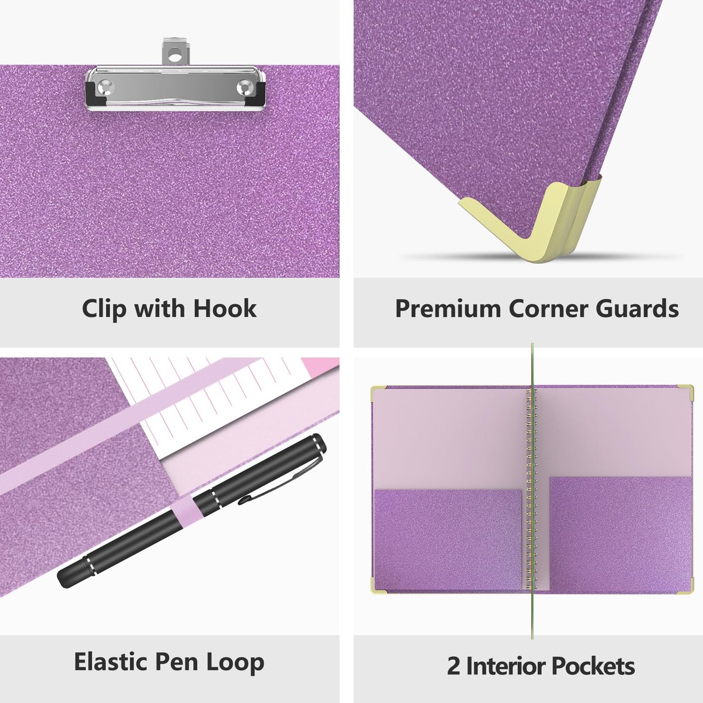 Clipboard Folio with Storage Clipboards Padfolio Notebook for Letter Size (11" x 8.5"), Clipboards with 10 Pockets and 5 Folders Nursing Teacher School Essentials (Purple)