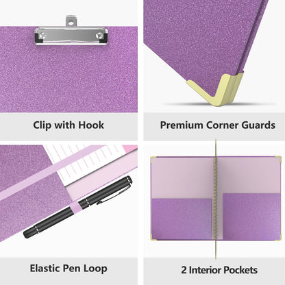 Clipboard Folio with Storage Clipboards Padfolio Notebook for Letter Size (11" x 8.5"), Clipboards with 10 Pockets and 5 Folders Nursing Teacher School Essentials (Purple)