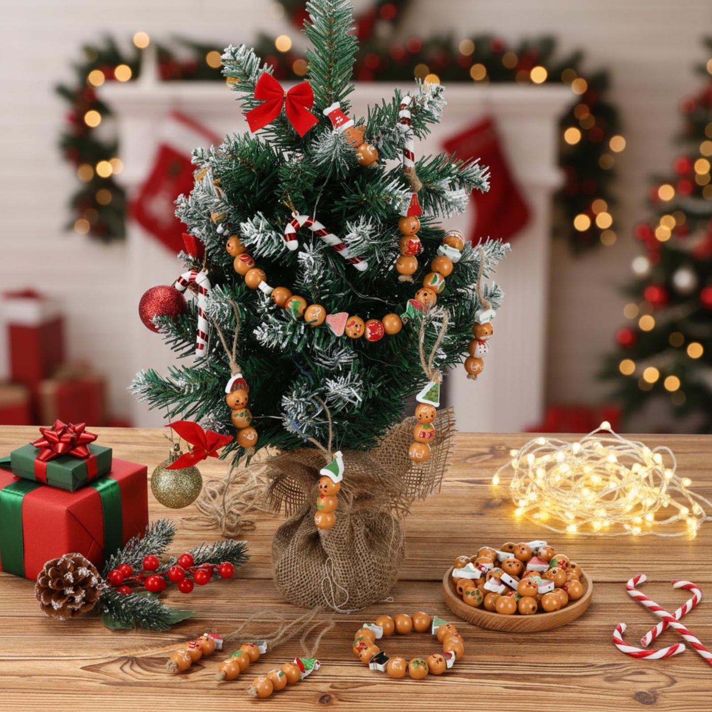 Geelin 300 Pcs Christmas Wood Beads with Twine - Santa Gingerbread Snowman Winter Animals Wooden Round Bead for Hanging Ornaments DIY Crafts Garland Holiday Tree Decor(Gingerbread Man)