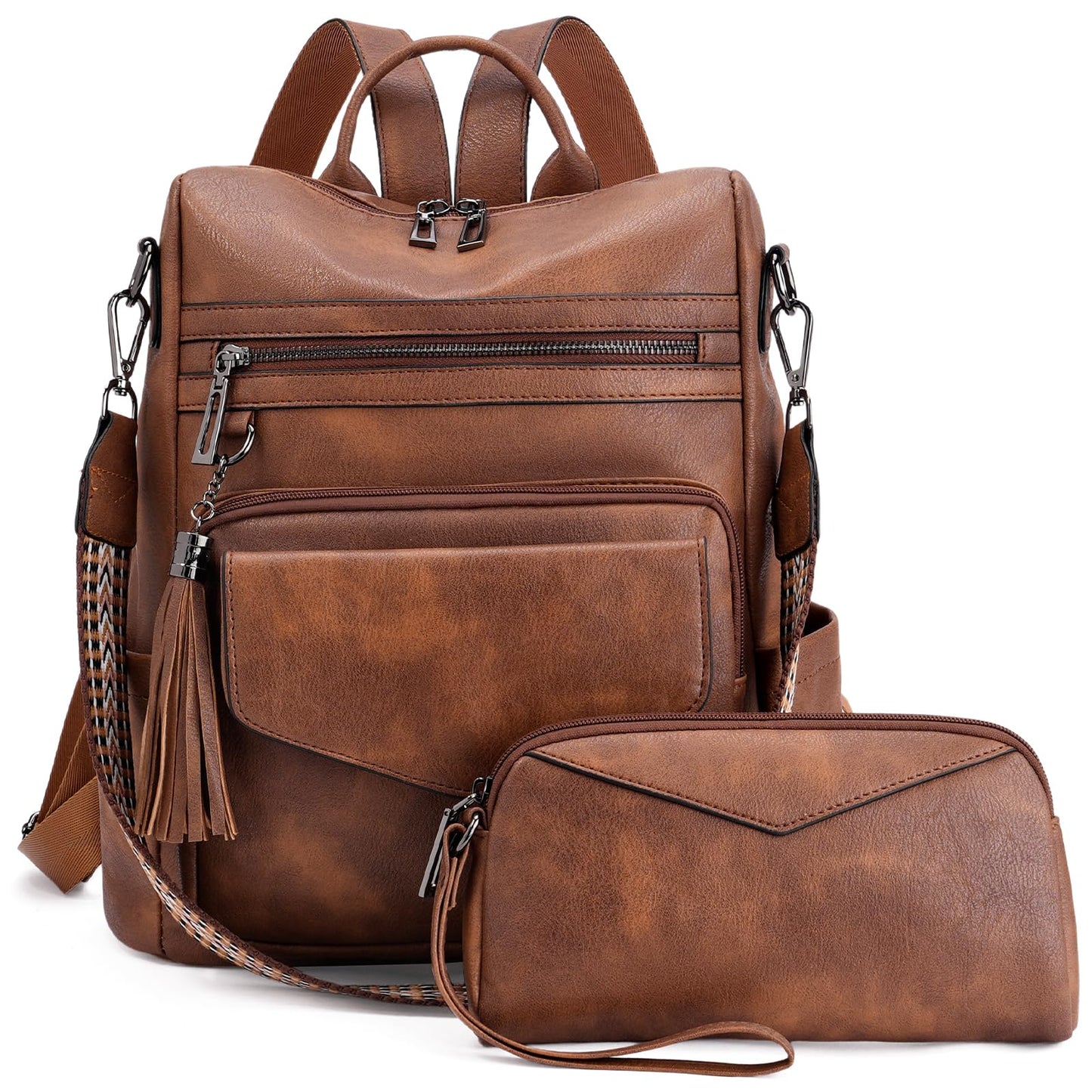 GAEKEAO Backpack Purse for Women Fashion Leather Designer Travel Backpack Purses Convertible Shoulder Bag with Wristlet（Shiny Brown）