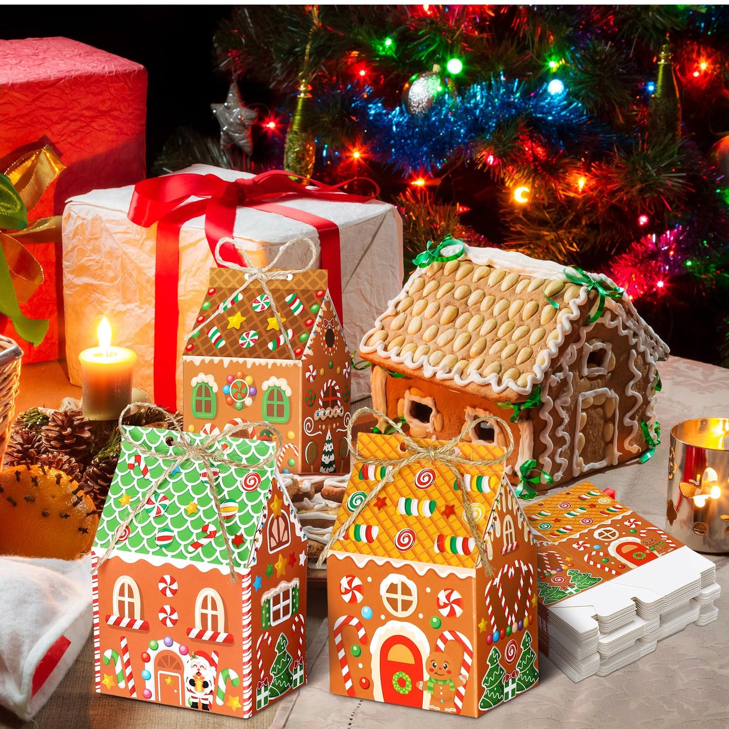 Zhanmai 48 Pcs Christmas Treat Boxes Candy Gingerbread House Mini Christmas Party Favor Box Small Paperboard Gift Container for Xmas Holiday Party Treat Cookie Goodie Snack Gift Packaging