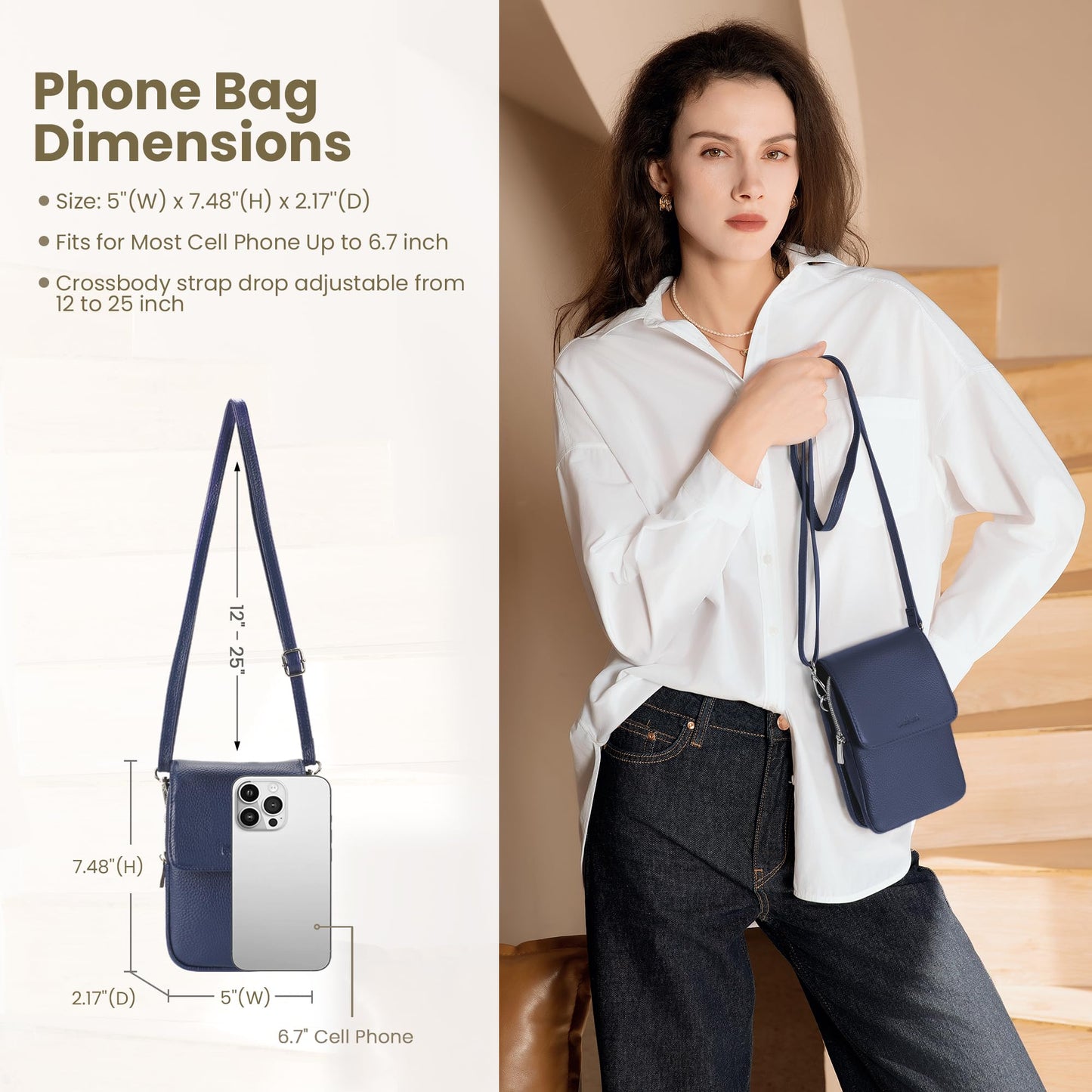 befen Small Genuine Leather Crossbody Bag Woman Cell Phone Crossbody Wallet Purses with Adjustable Shoulder Strap Navy Blue