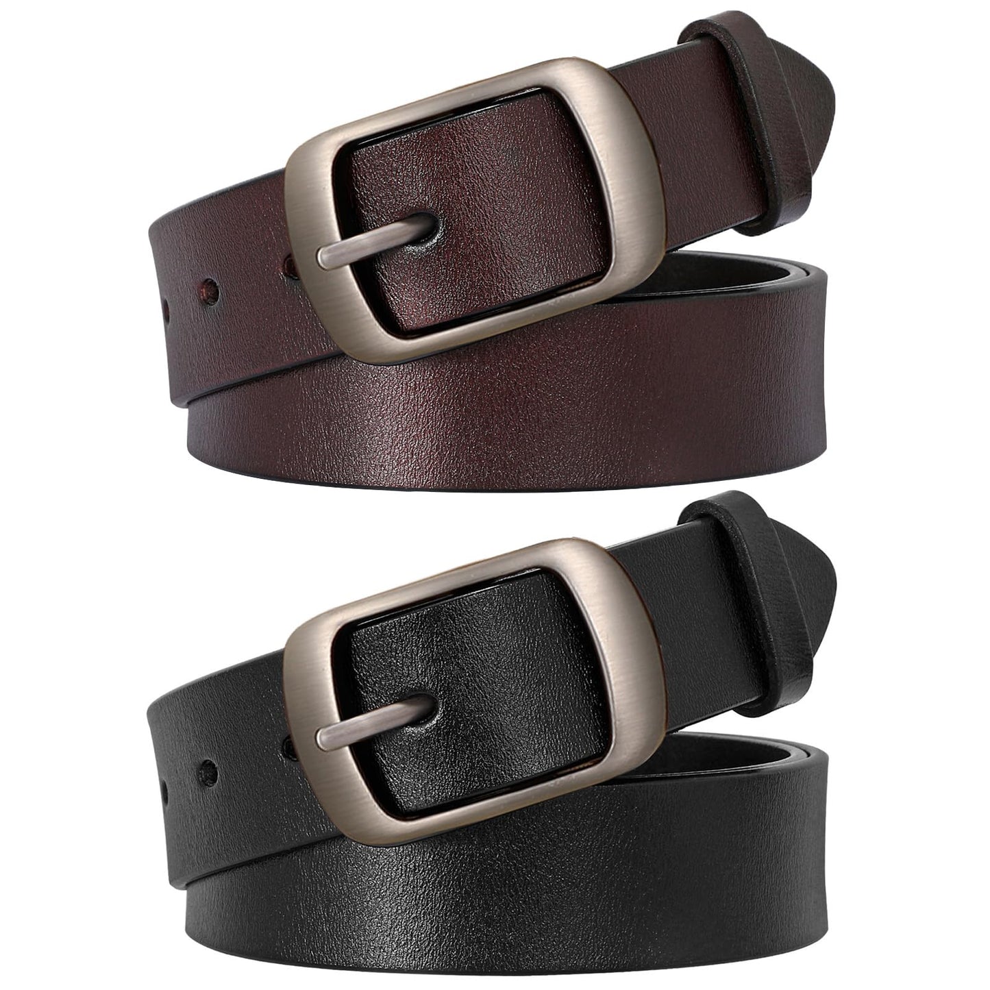 SUOSDEY 2 Pack Womens Genuine Leather Belts, Waist Belt with Pin Buckle for Jeans Pants,black and coffee,width 1.3'',Small: fits waist from 25''-30''