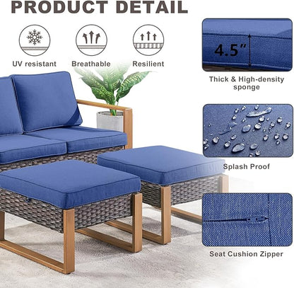 Rilyson Outdoor Ottoman Wicker Patio Footrest - 2 Piece Wicker Footrest Footstools Set with Sturdy Frame,All-Weather PE Wicker, Thick Cushions for Deck Porch Garden(Brown/Blue)