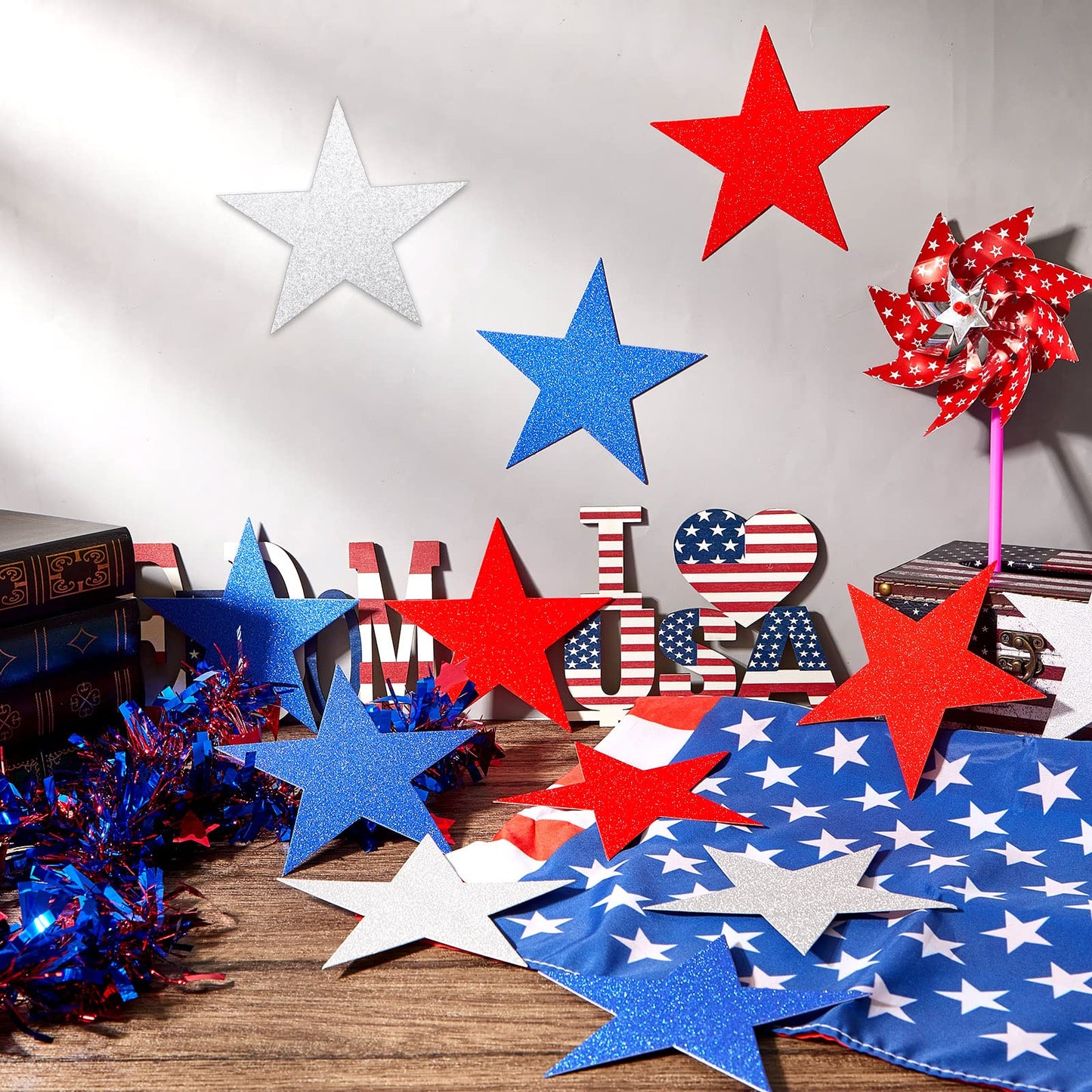 Gejoy 80 Pieces Red White Blue Glitter Stars Cutouts Patriotic 6 Inch Paper Star Decorations for 4th of July Independence Day Bulletin Board Classroom Decorations, Memorial Veterans Day Party Supplies