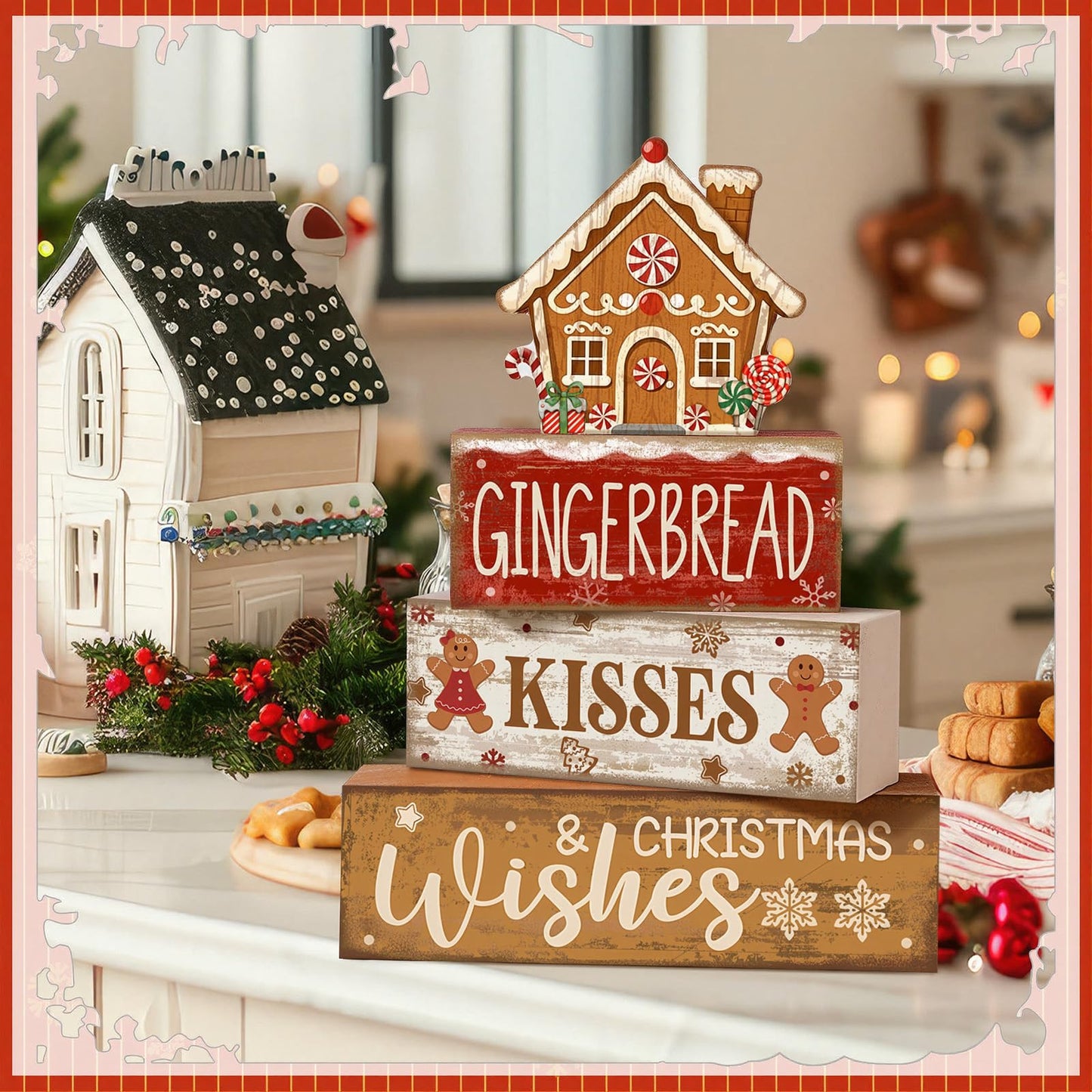 Moucuny 4 Pcs Christmas Table Decoration Gingerbread House Wooden Stacked Block Decor Gingerbread Centerpiece Block Signs Rustic Christmas Tiered Tray Decoration for Home Kitchen Coffee Bar