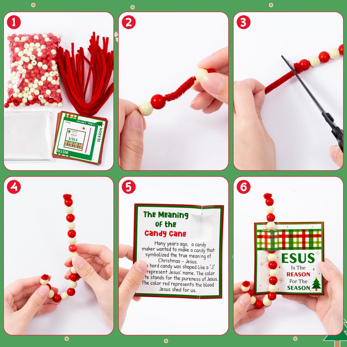 BeYumi Candy Cane Ornament Kit - 24Pcs Christmas Jesus Beaded Craft Kit DIY Religious Christian Hanging Ornaments with Gift Card Xmas Tree Wooden Beads Gift Church Sunday School Classroom Party Decor