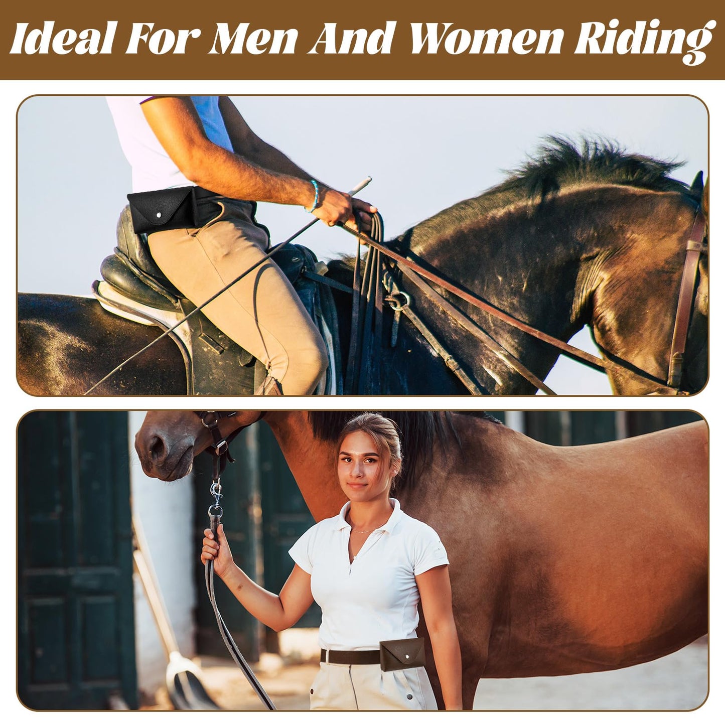 Vinsatin 2 Pack Equestrian Belt Women Equestrian Bit Waist Bag for Phone 1. 5 Inch Elastic Horse Riding Belt with Silver Bit Buckle for Women Girls Horse Riders (Black, Brown)
