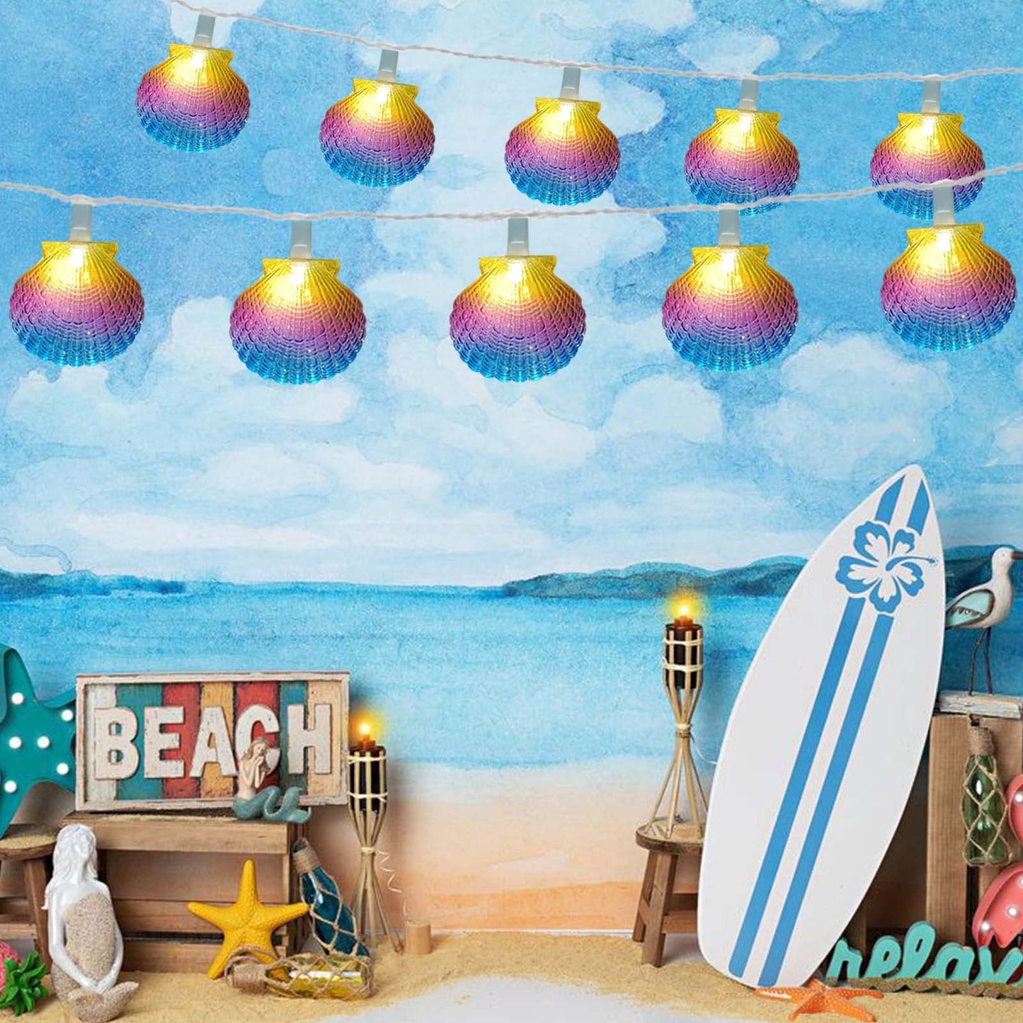 Beach Seashell String Lights - 8.3FT Ocean Themed Decorative 10 LED Seashells, Plug-in Warm White Fairy Lights for Patio, Garden, Wedding, Bedroom, Hawaii, Party, Tropical Beach Themed Decor