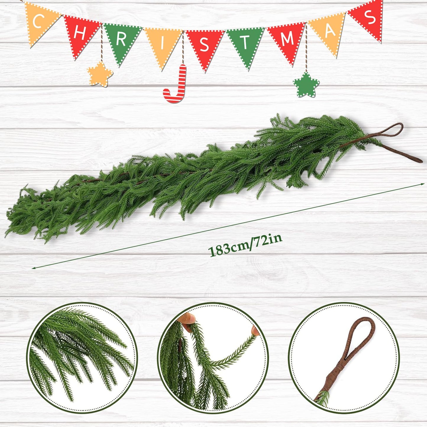2PCS 6FT Artificial Norfolk Pine Garlands, Real Touch Winter Pine Garland, Green Artificial Greenery Garland for Table, Indoor, Mantle, Wall, Outdoor Christmas Decorations (2)