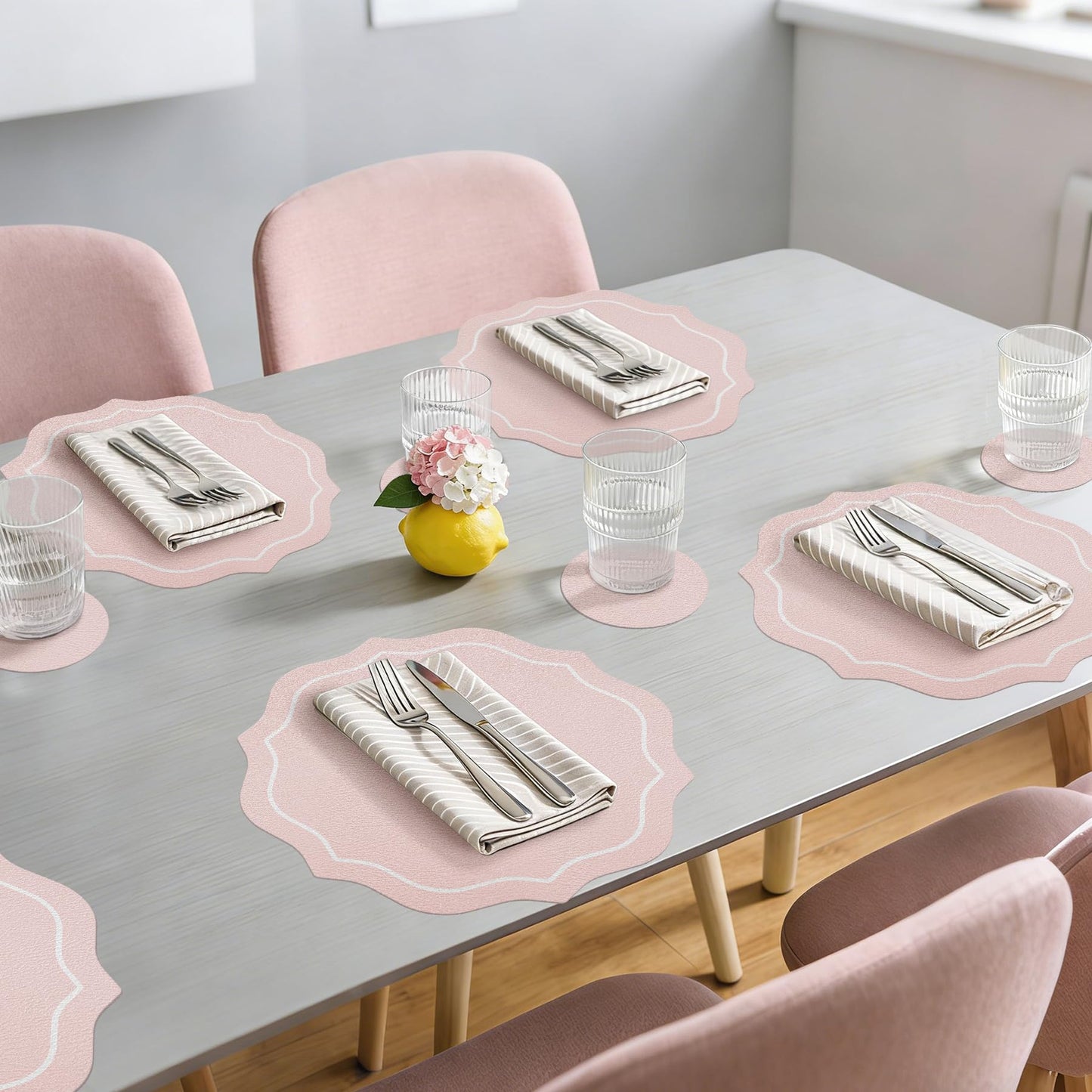 Set of 4 Spring Round Vinyl Placemats with Coasters 12" Scalloped Pink Faux Leather Placemats Waterproof Placemat Wipeable Heat Resistant for 7-10" Plates for Wedding Party Dining Table Decor