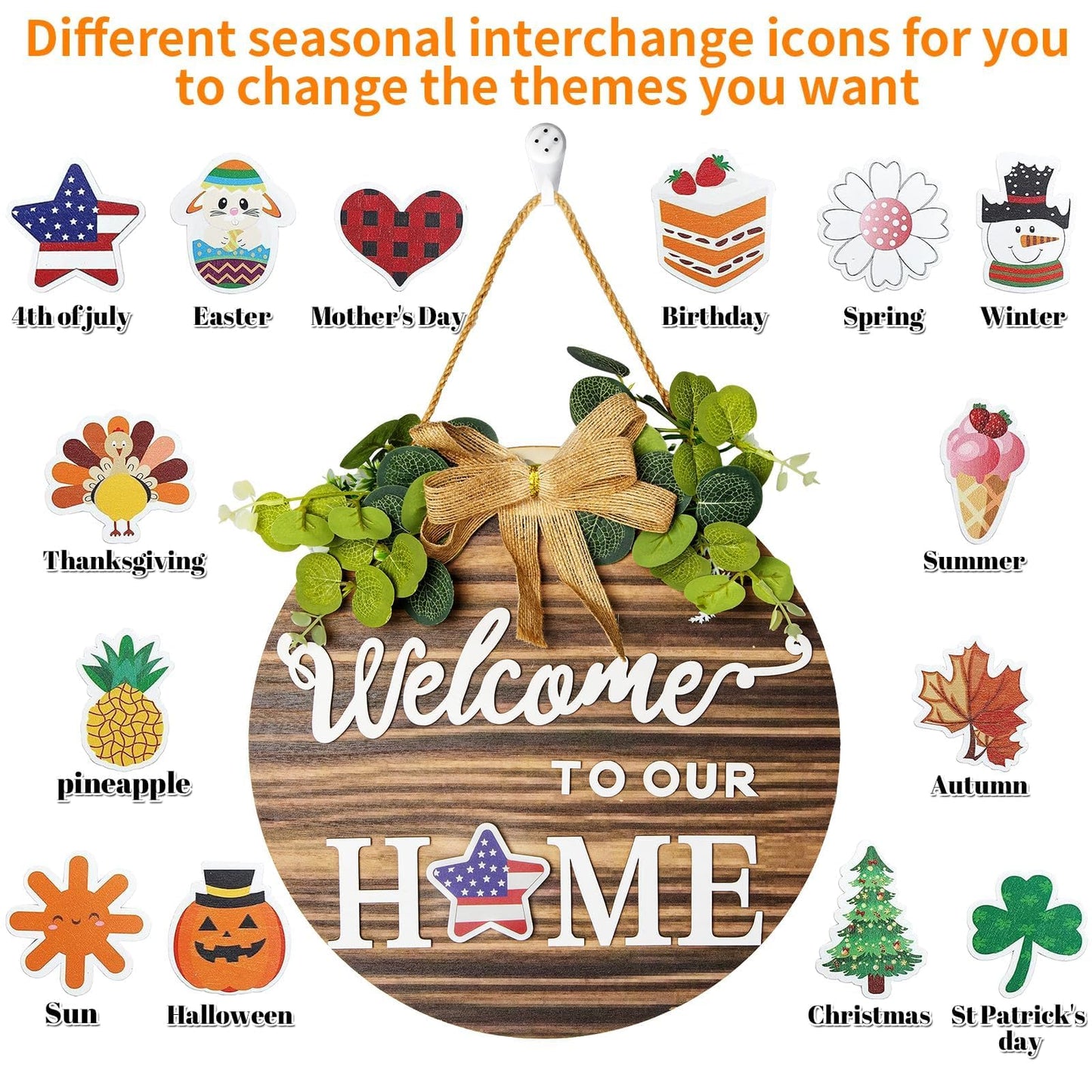 Welcome Sign For Front Door 3D Decor Interchangeable Seasonal Rustic Round Wooden Wreaths Wall Hanging Plaque Outdoor Farmhouse Porch for Spring Summer Fall All Seasons Holiday Halloween Christmas