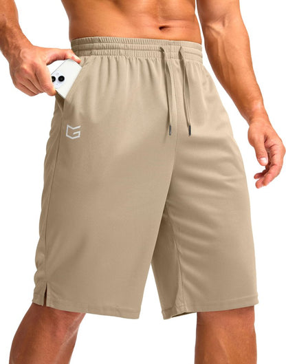 G Gradual Men's Athletic Shorts with Pockets 9" / 11" Long Basketball Shorts Lightweight Quick Dry Gym Workout Shorts for Men(Light Khaki,4XL)