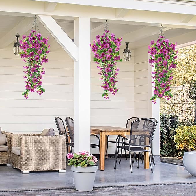 Artificial Fake Hanging Flowers Plants for Outdoor Spring Summer Decoration, 4pcs Faux Silk Realistic UV Sun Resistant Daisy for Outside Porch Patio Window Box Yard Home Decor (Purple)