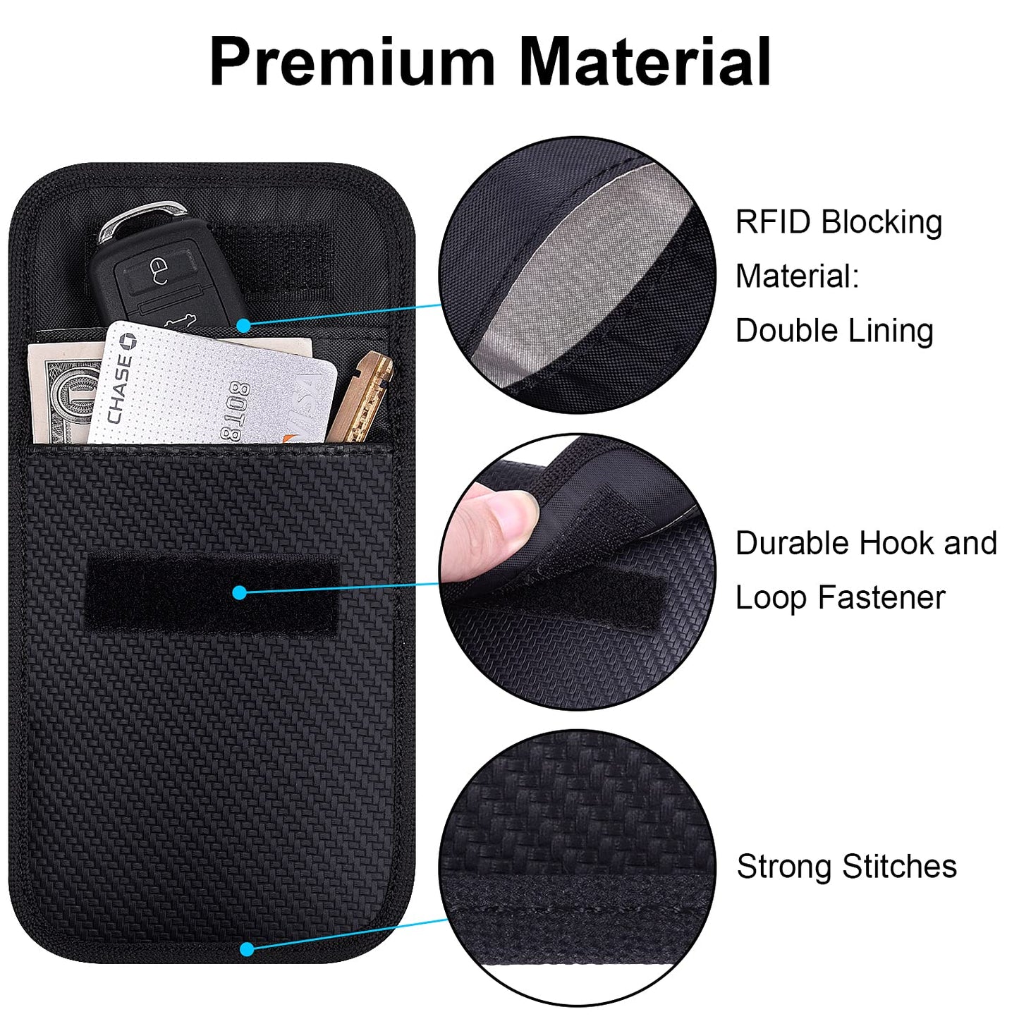 Wisdompro Faraday Pouch: RFID Blocking Anti-Theft Remote Key Protector, Black (2 Pack Pu Leather), Modern
