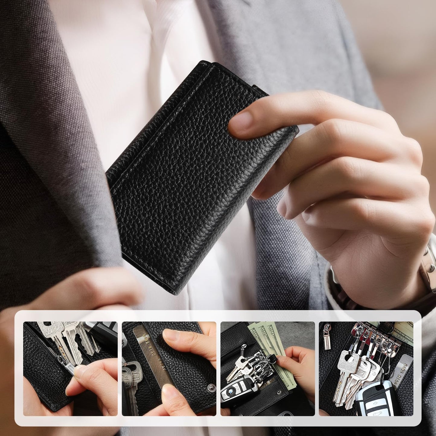 Meichoon Key Case Leather Wallets Portable Key Holders Coin Pouch Small Size Multi Card Holder Stylish for Organizer Office, XF09 Black