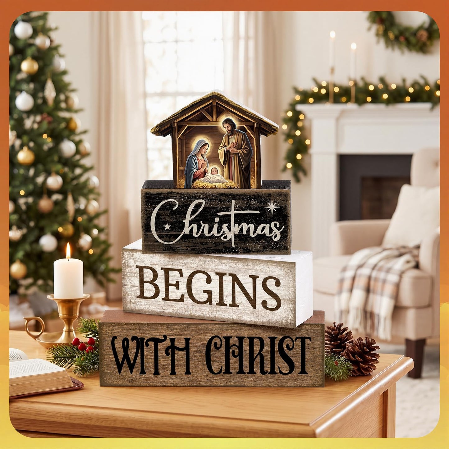 Moucuny 4 Pcs Christmas Table Decoration Christian Wooden Stacked Block Decor, Christmas Begins with Christ Signs with Nativity Scene Topper, Rustic Religious Xmas Tiered Tray Decor for Home Church