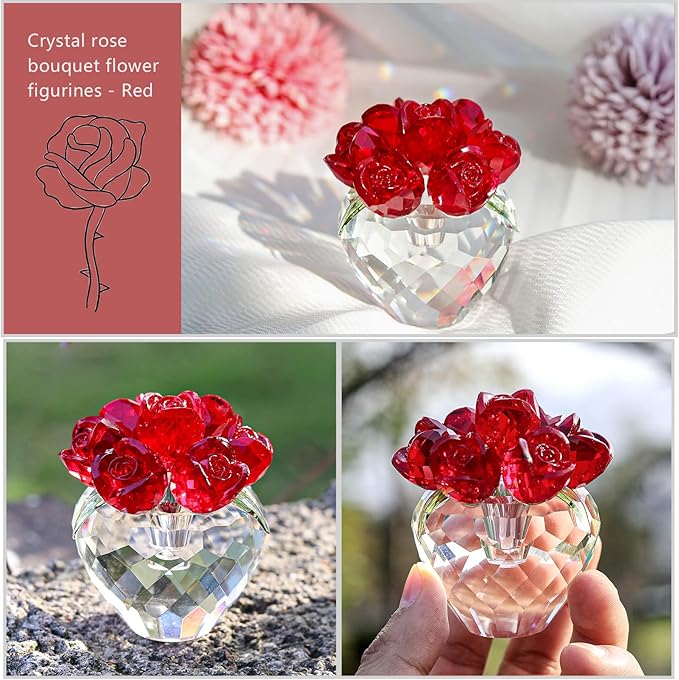 LONGWIN Crystal Rose Flower Figurines Collectible Glass Spring Bouquet with Vase Home Decor Romantic Gifts for Women Red