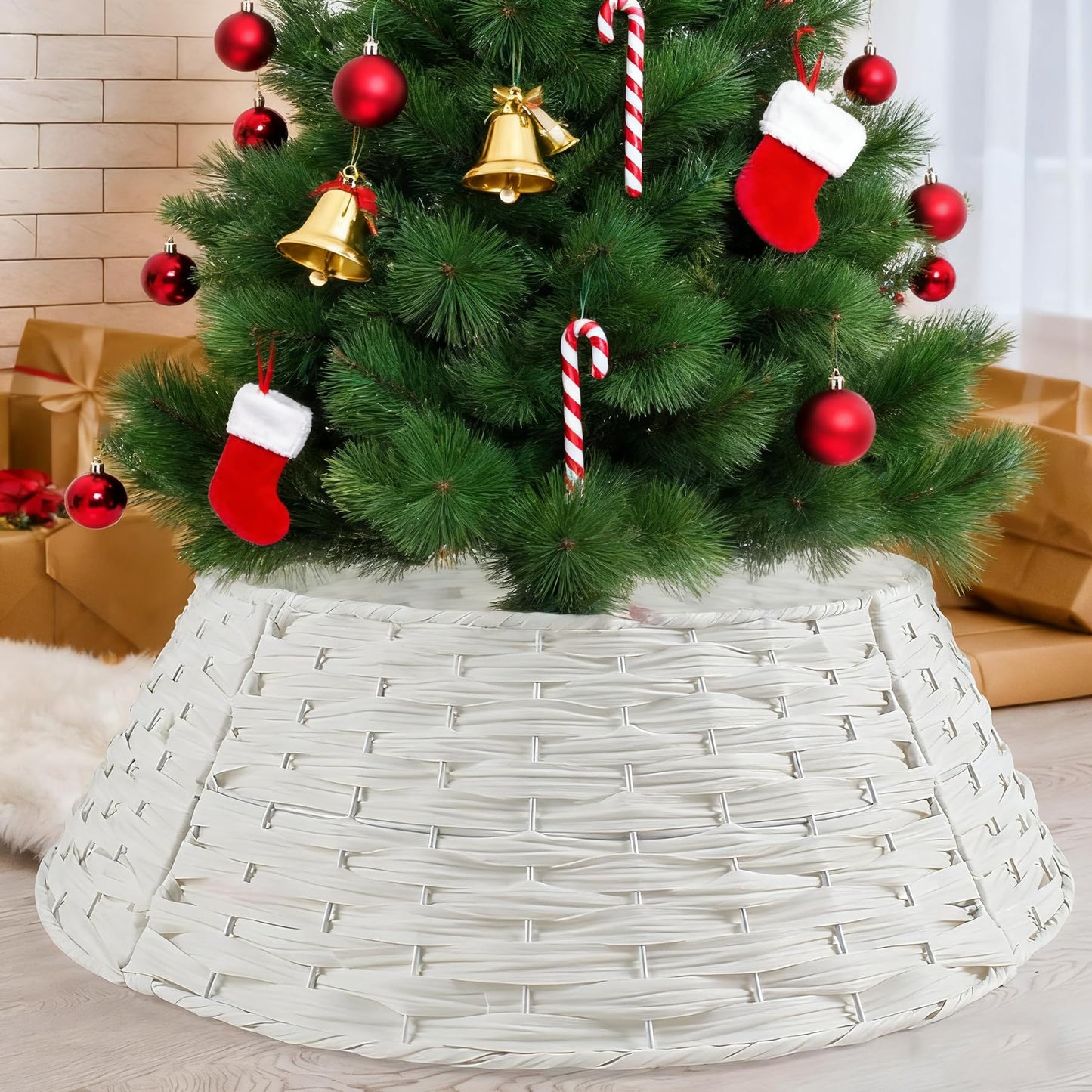 Christmas Tree Collar, 24in Round Farmhouse Christmas Tree Collar, Christmas Tree Skirt for Artificial Christmas Trees Decoration (White)