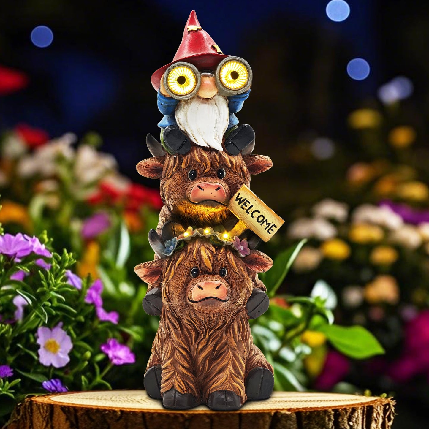CFFOWNUG Garden Gnomes Outdoor Statue: 11'' Highland Cow Decor with Welcome Sign Funny Triple Yard Decorations with Solar Light Unique Birthday Gifts for Women Mother Grandma