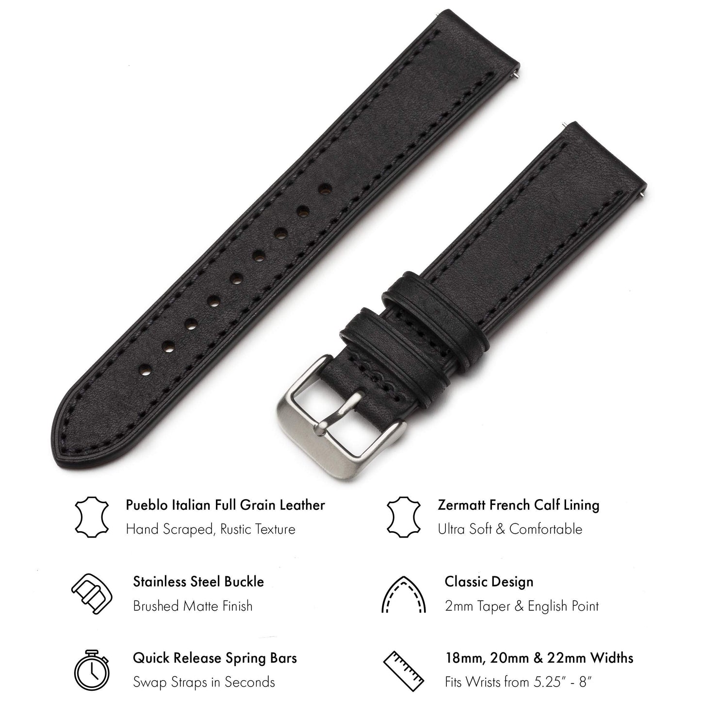 Benchmark Quick Release Leather Watch Band - Premium Italian Full Grain Leather Watch Straps for Men & Women (22mm, Black)