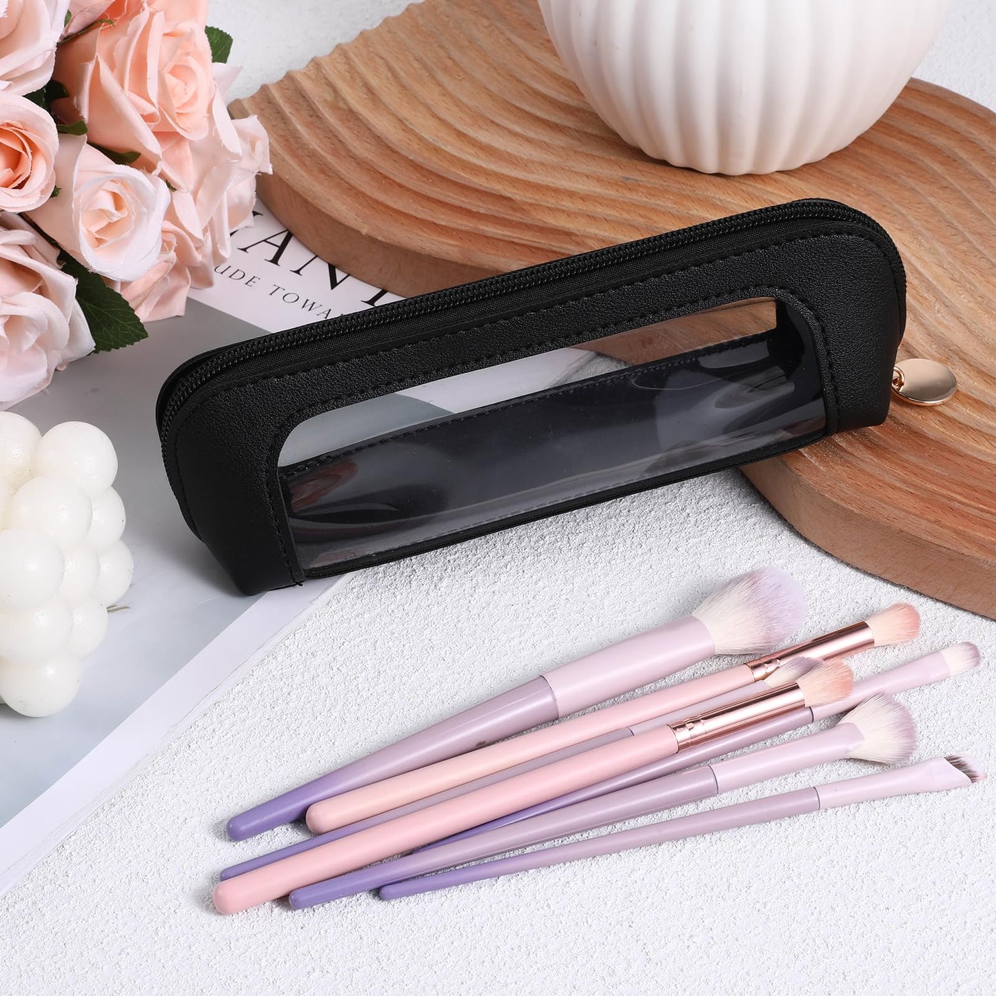 Psyqtsuary Clear Makeup Bag, PU Leather Mini Makeup Pouch Portable Makeup Brush Case Transparent Waterproof Cosmetic Organizer Pouch with Zipper for Women Home Travel Office Makeup Storage (Black)