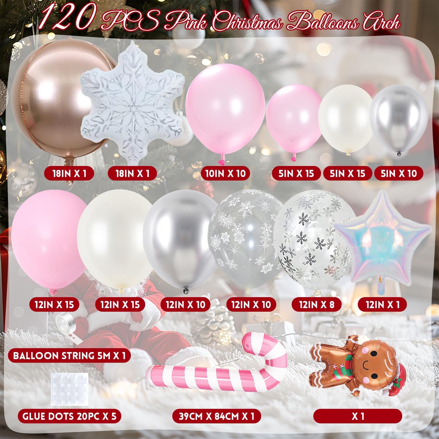 Pink Christmas Decorations Arch Kit, 120 PCS Xmas Balloons with 4D Rose Gold Candy Cane Iridescent Snowflakes, Pastel Pearl Pink Silver Balloons for Gingerbread Decor