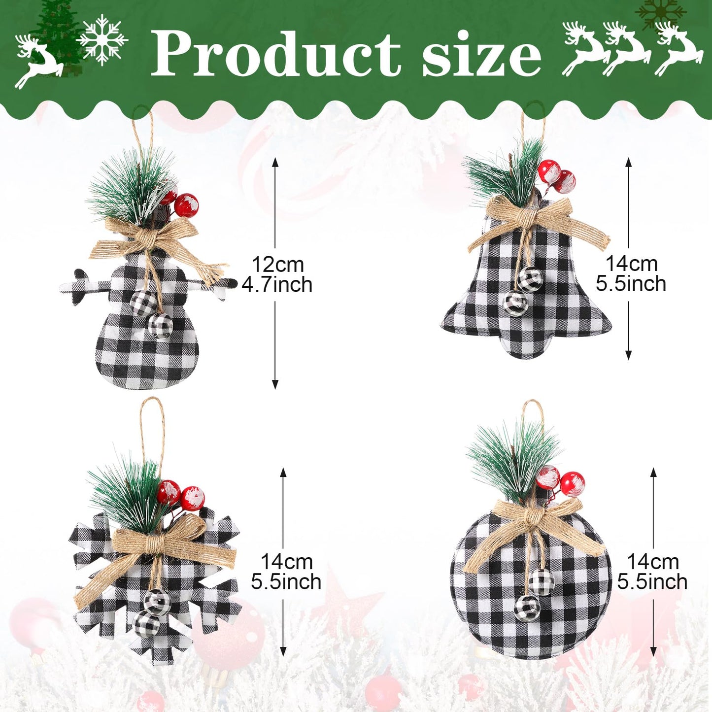 Sratte 20 Pcs Rustic Christmas Tree Ornaments Set 2.5" Hanging Burlap Plaid Ball 3.1"-6" Red/White Black Buffalo Check Ball for Farmhouse Christmas Ornaments Country Xmas Decorations (White,Black)