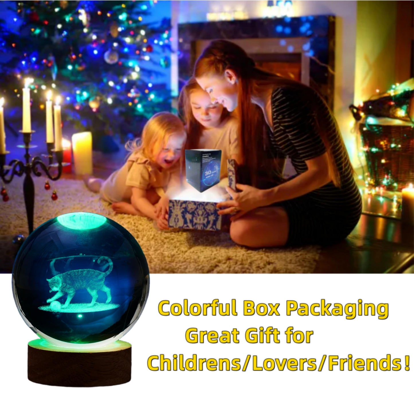 Conalisk 3D Cat Crystal Ball Lamp,Lifelike 3D LED Cat Night Light,16 Colors Changing Light,Dimmable Remote Control,Cat Lamp Gfit (Cat)