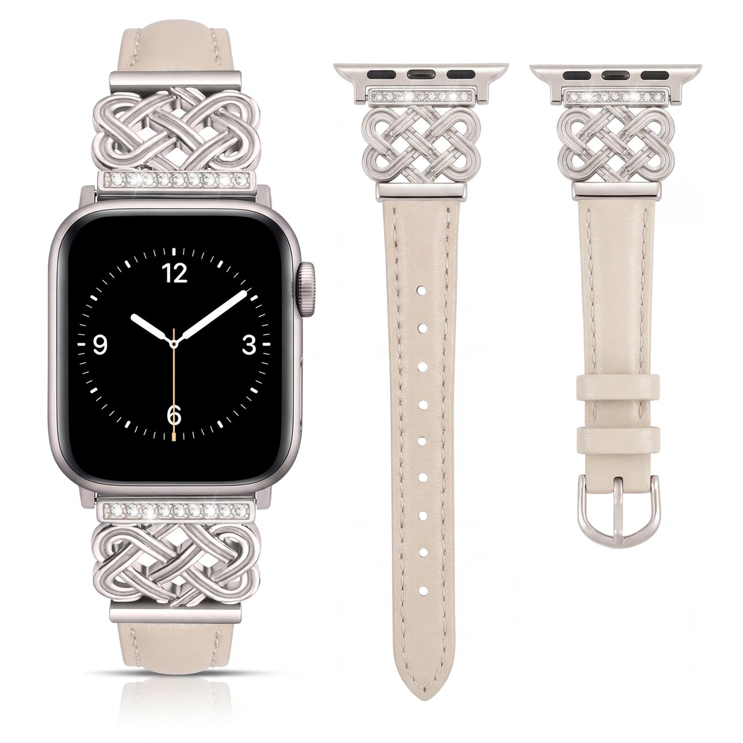 LOFOV Compatible with Apple Watch Bands Women 38/40/41/42mm Dressy Slim Leather Strap with Designer Celtic Knot Interlock Buckle Bracelet for iWatch Series 11 10 9 8 7 6 5 4 SE 3 2 1 (Starlight)
