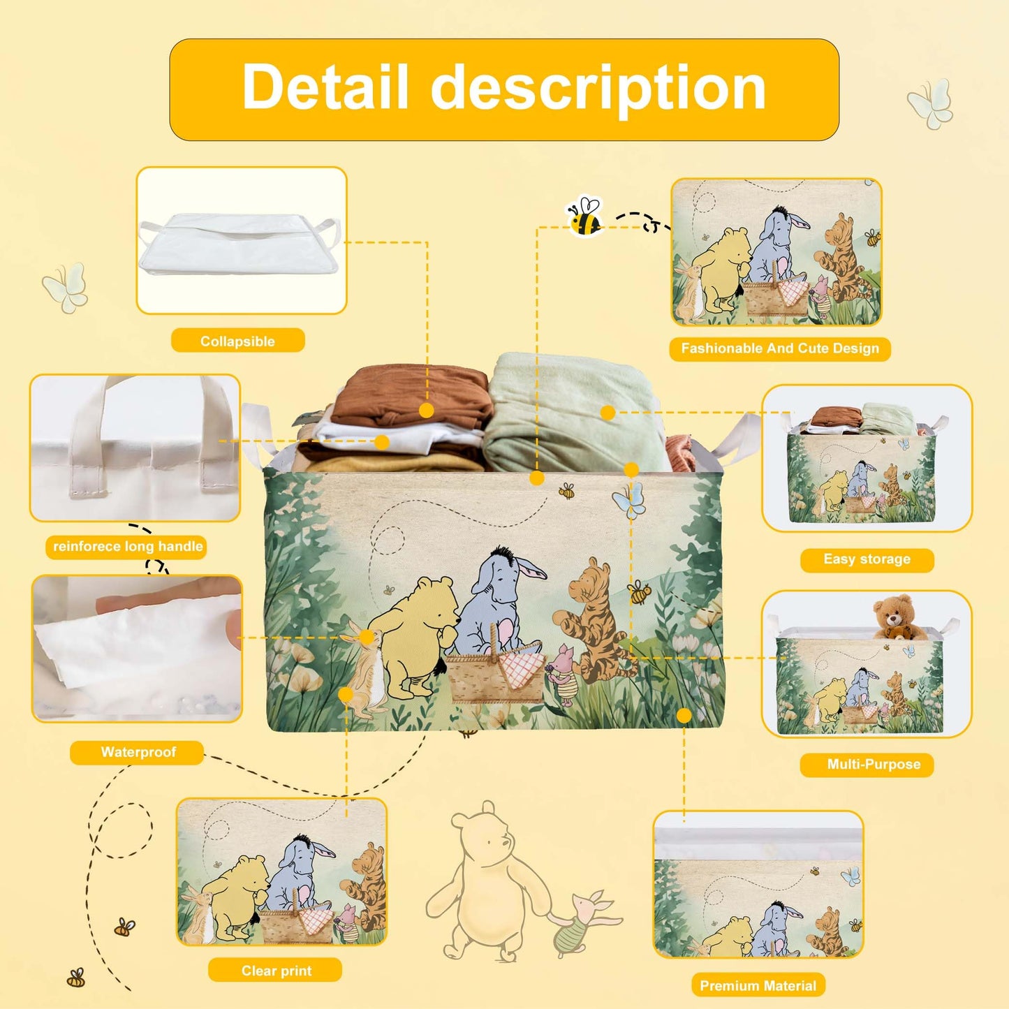 ZsaTuiy Winnie Nursery Decor, the Pooh Baby Stuff, Winnie Storage Nursery Basket, Large squarecanvas Laundry Hamper With A Waterproof PECoating, Foldable, Toys Bin, Baby Nursery HamperDecor, Classic