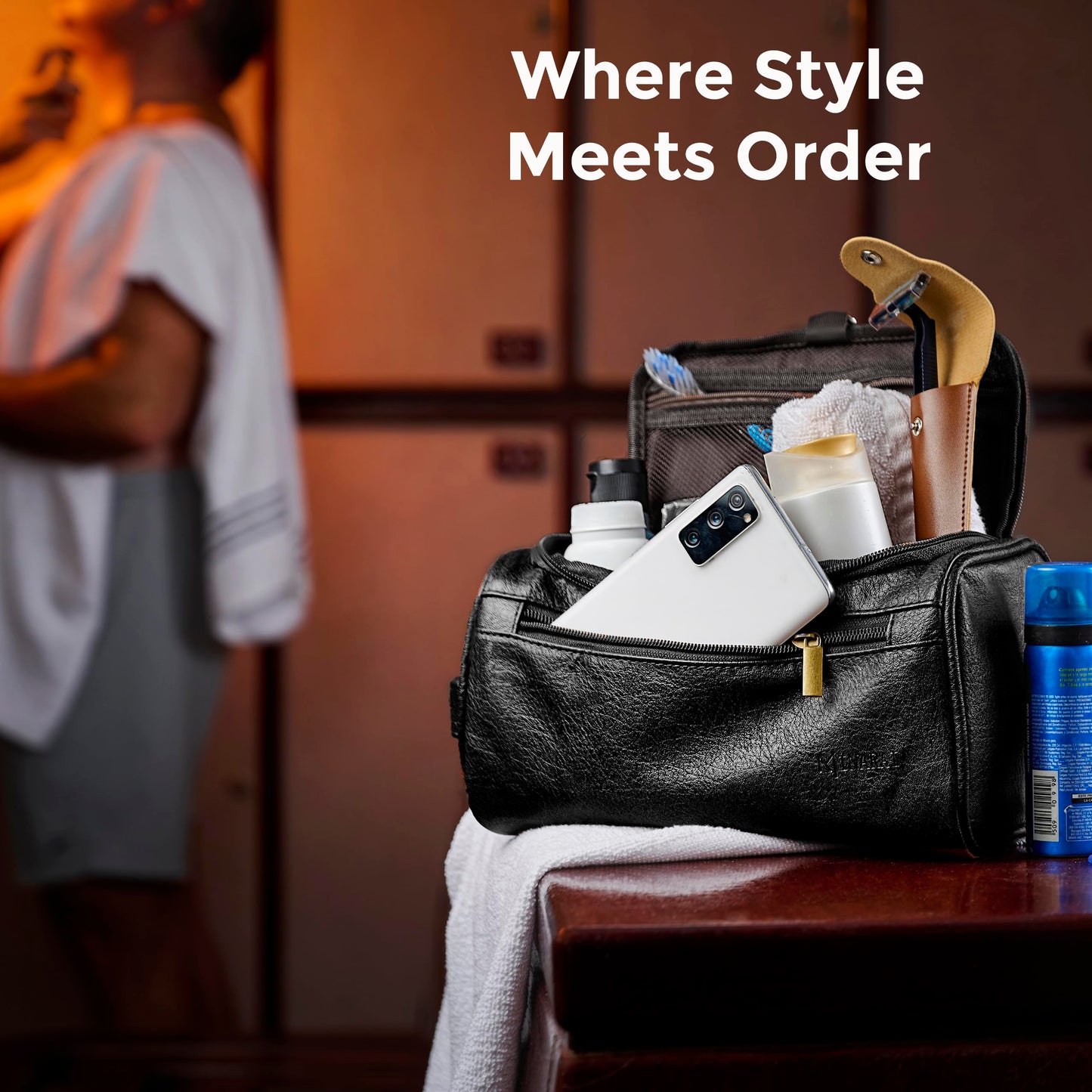 MINARAI Mens Toiletry Travel Bag with Razor Case & Dust Bag – Premium PU Leather Organizer with Hanging Design and Structured Storage – Mens Toiletry Bag for Travel, Gym, and Everyday Gift–BLACK