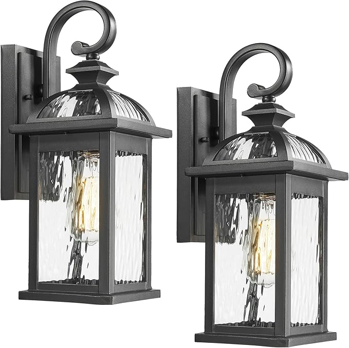 Darkaway Outdoor Lights Fixture Wall Mount, Exterior Wall Light with Water Ripple Glass Waterproof Black Outside Wall Sconce for House Porch Hallway Garage