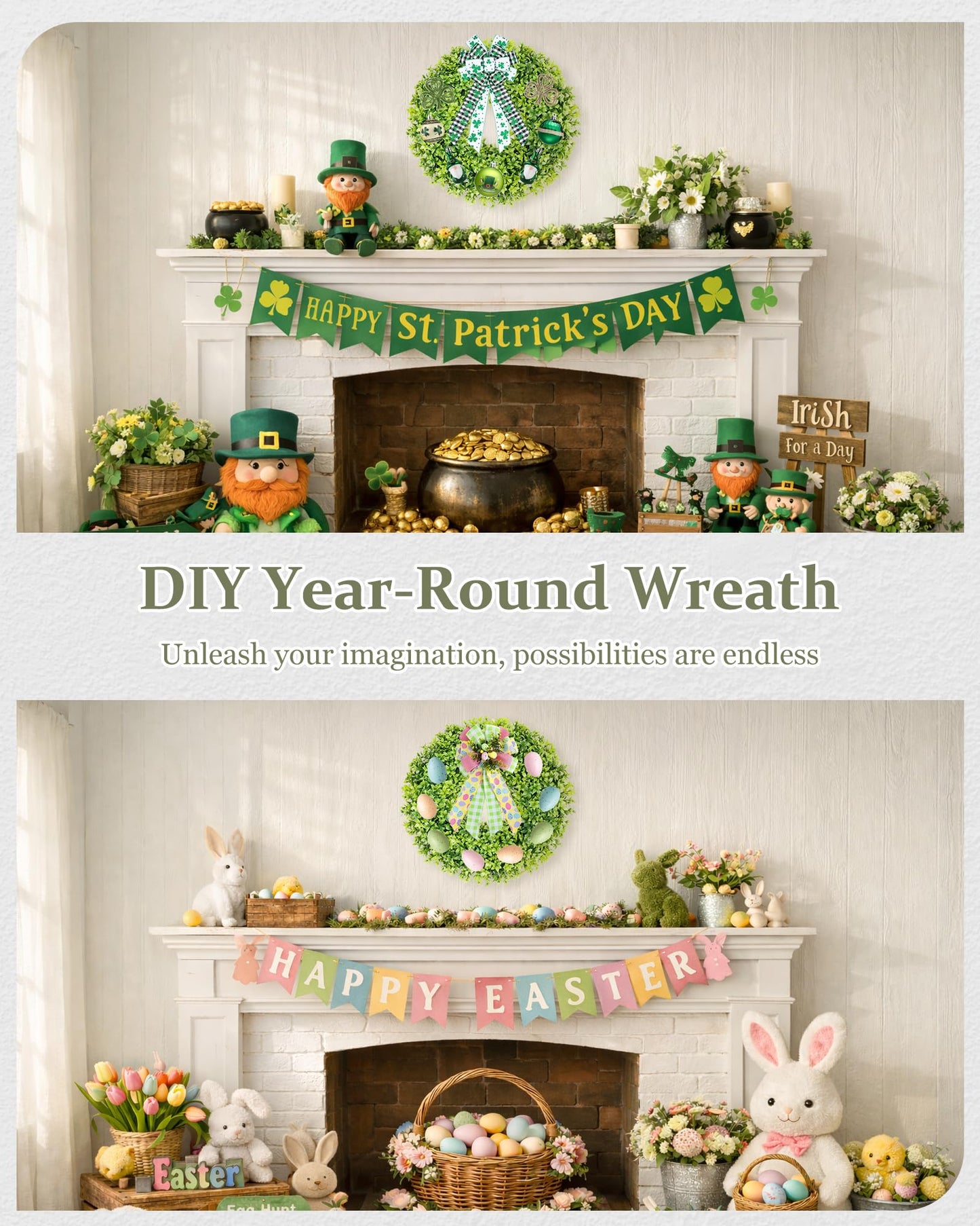 DDHS 23" Boxwood Wreaths Front Door, Artificial Spring Summer Wreath with Sash and Foldable, Green Year Round Indoor Outdoor for Farmhouse Fireplaces and Porches DIY St Patricks Day Decorations