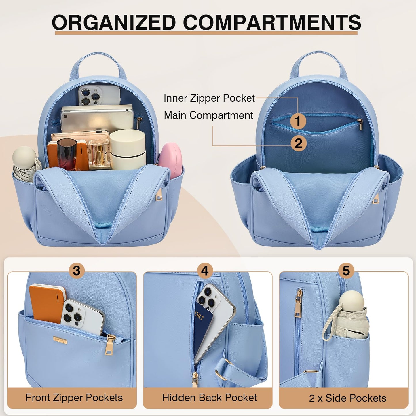Marvolia Mini Backpack for Women - Leather Backpack Cute Backpacks with Multiple Pockets for Travel College Work - Blue