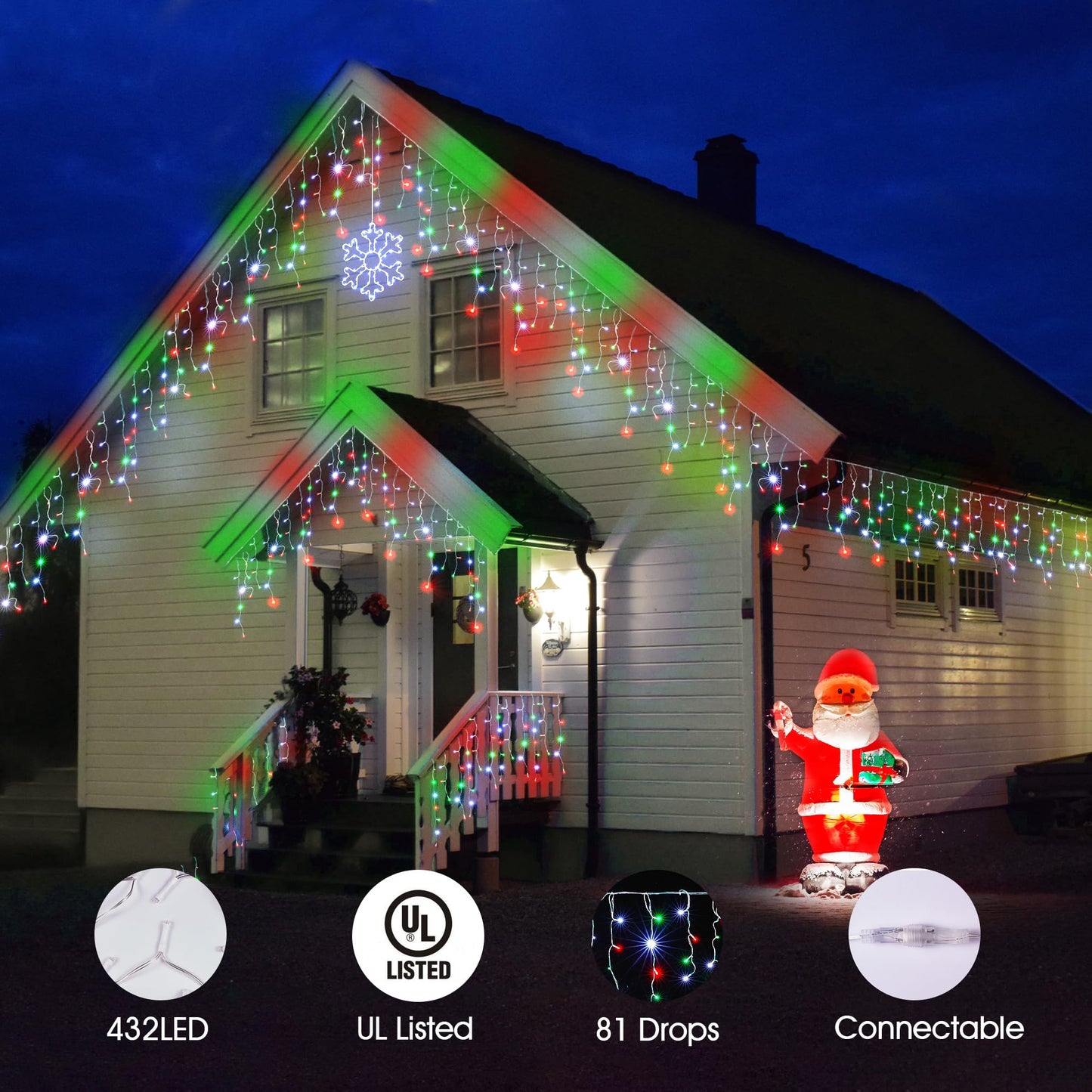 WBao Christmas Lights Outdoor, 432 LED 33FT Icicle Lights with 81 Drops, Remote Control, 3 Timer Settings, 8 Modes, Waterproof, Connectable Fairy Lights for Holiday Party Eaves Decor, Red Green White