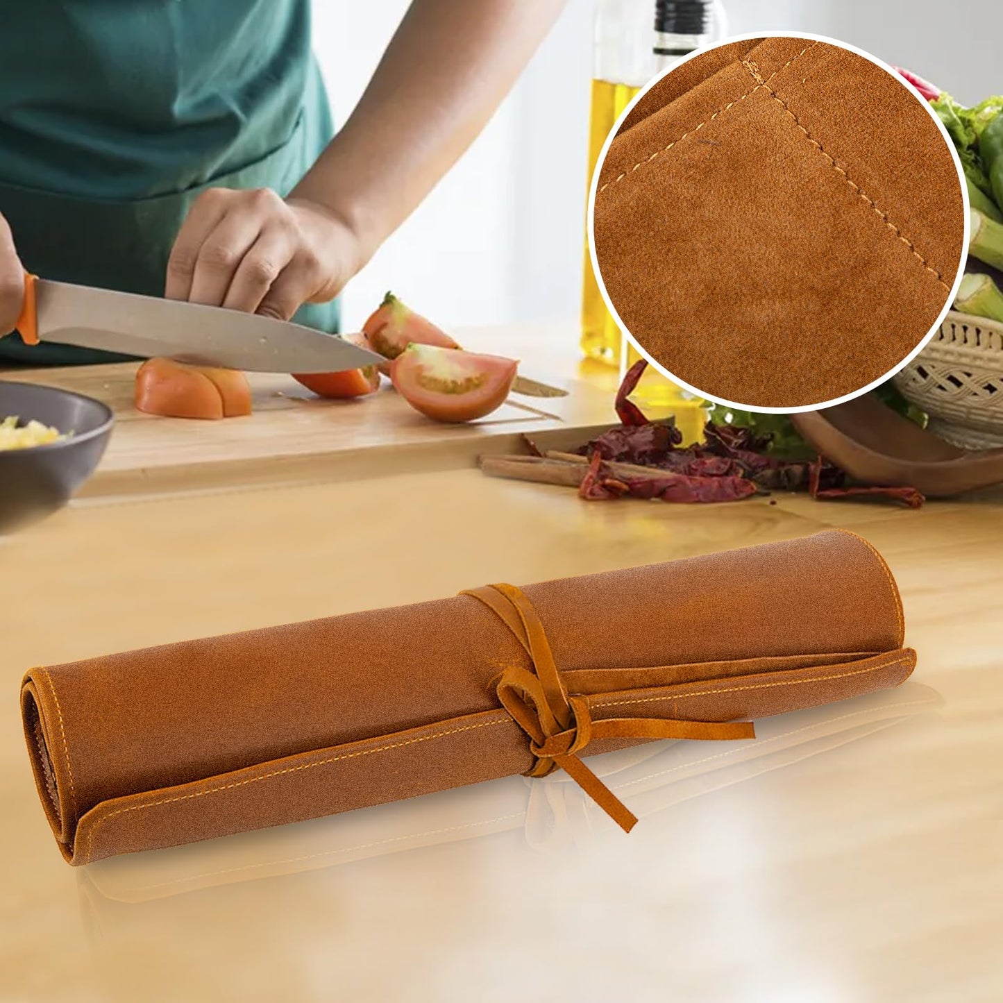 Baizoy Knife Roll Bag Genuine Leather,Chefs Professional 5 Knives and Cookware,Perfect for The Traveling Chef,Travel Tool Roll Pouch,No Tools Included