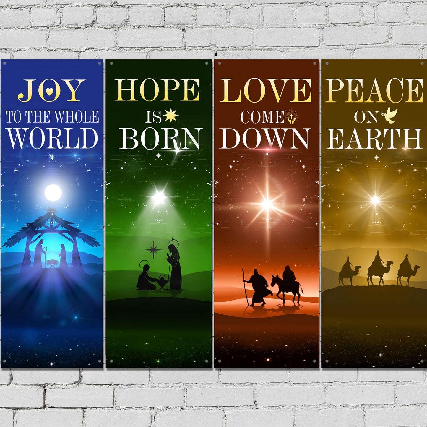Hahafelt 4 Pcs Advent Church Banners for Sanctuary Wall, 2 x 6 ft Nativity Scene Banner Easter Religious Hanging Sign for Schools Church Easter Nativity Decor