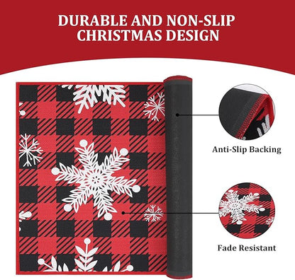 CAROMIO Christmas Doormat 20 x 32 Inch Holiday Xmas Buffalo Plaid Door Mat Winter Christmas Snowflakes Checkered Welcome Mat Outdoor Indoor Non Slip Decorative Entrance Floor Mat for Front Porch