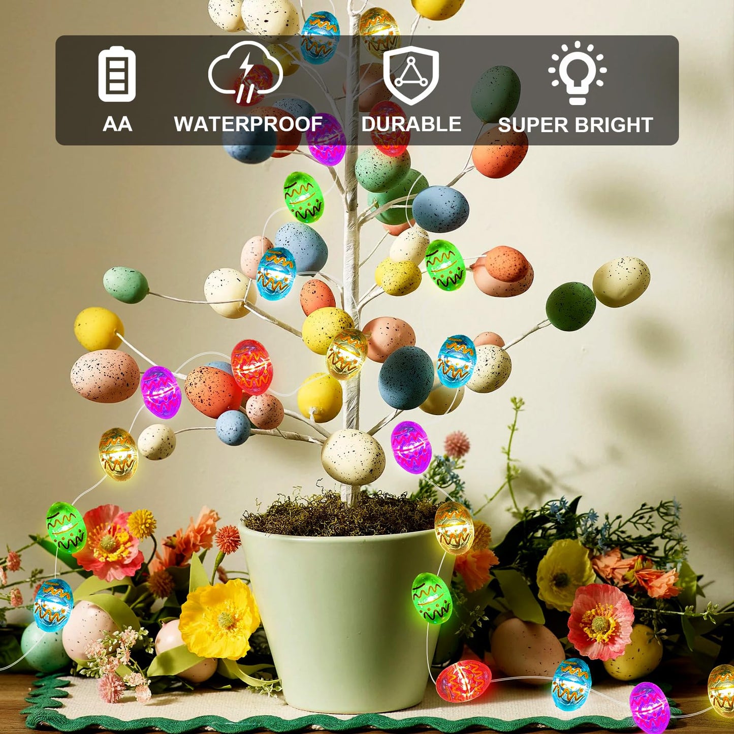 Aogist 50LED Easter Egg Fairy Lights - 16ft Super Bright 3D Egg String Light Battery Operated Decor for Indoor/Outdoor Easter Basket Spring Party Home Yard Tree Decor,2 Pack