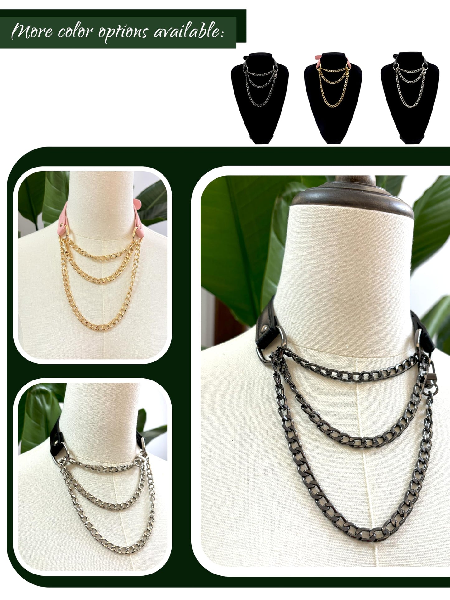 EverGlimp Handmade Black Vegan Leather Choker Collar For Women, Adjustable Triple-Layer Slip Chain Necklace