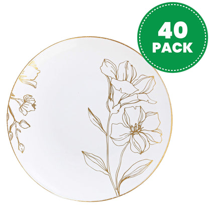 [6'' Plates 40 Count] White Plastic Floral Design Party Plates With Gold Rim Premium heavyweight Elegant Disposable Tableware Dishes