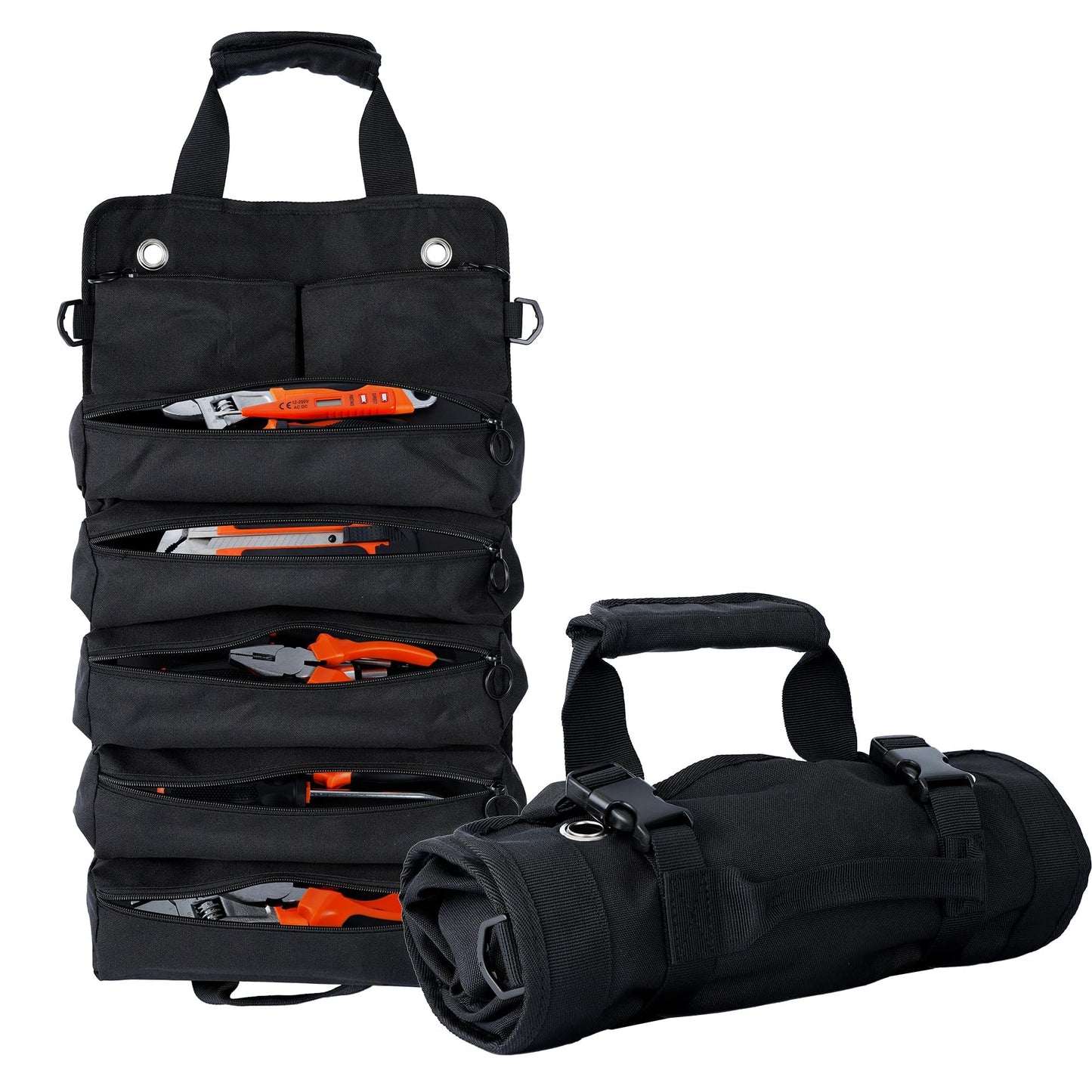 AASTT Portable Foldable Roll Up Tool Bag, Heavy Duty Tool Organizer Bag with 5 Compartments & 2 Detachable Pouches for Tools Storage, Waterproof Tool Roll Bag for Dad Men Electrician Mechanic Gifts