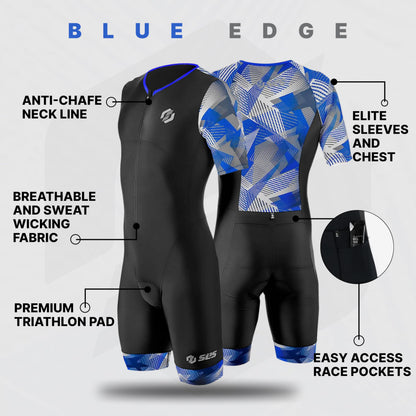 SLS3 Triathlon Suits Mens - Aerodynamic Sleeved Tri Suit Men – Lightweight Trisuit with Premium FX Fabrics - 2 Pockets (Blue Edge, Medium)