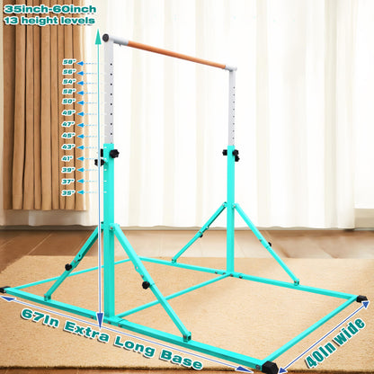 PreGymnastic Foldable Gymnastics Bar, 5.6FT Horizontal Bars for Kids 3-12, Weight Limit 350 LBS, Adjustable kip Bar, Children Home Gym Equipment (Teal)